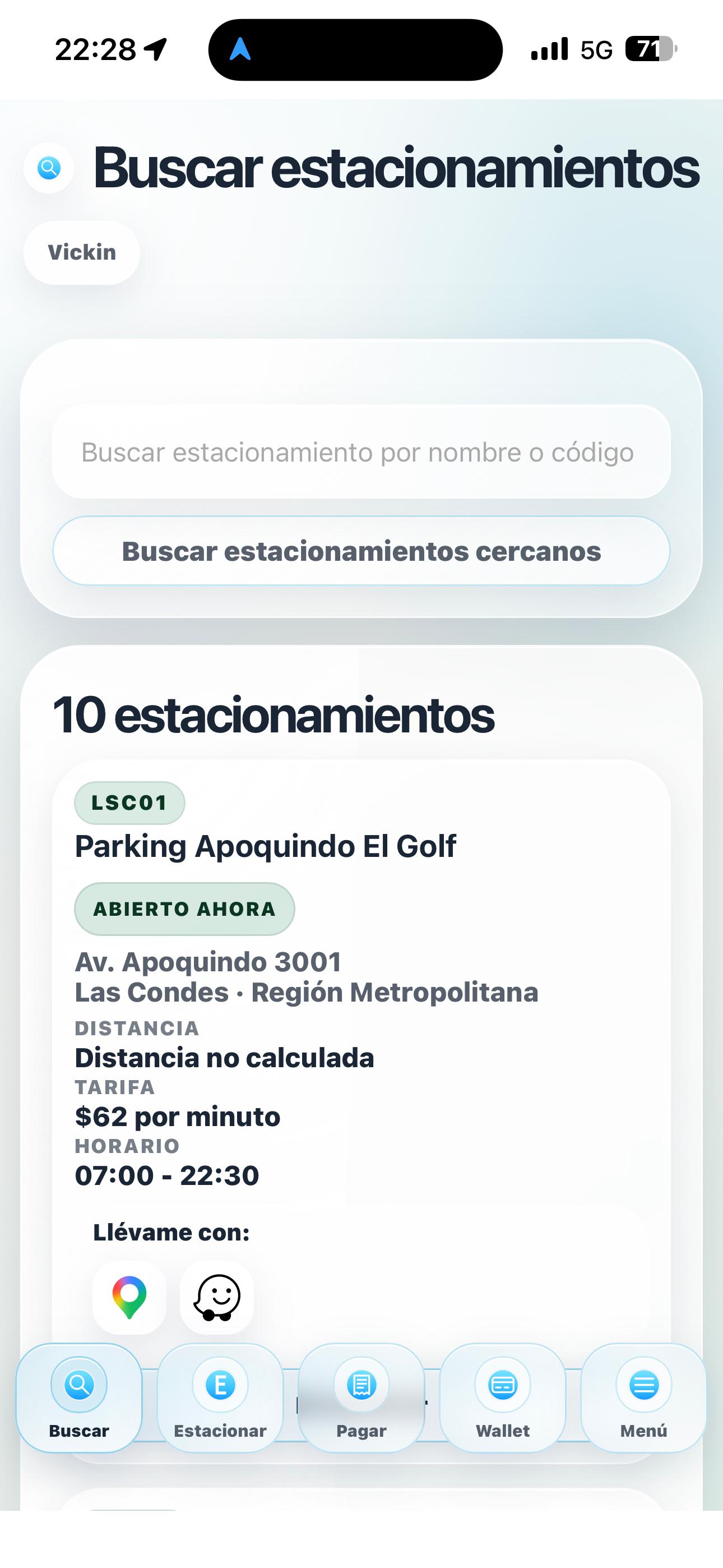Búsqueda de estacionamientos en Llegué App