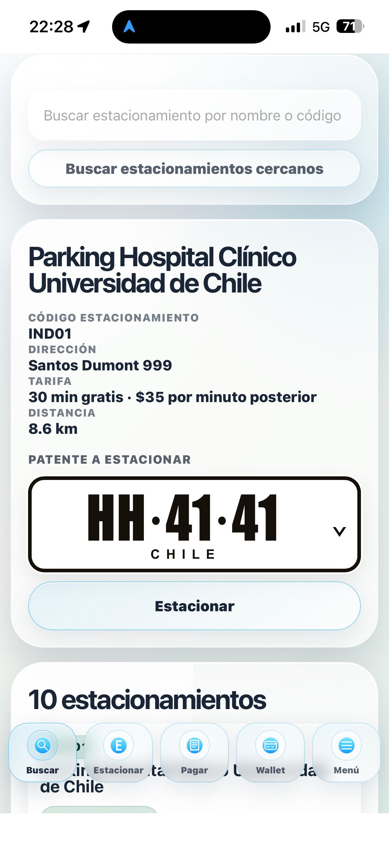 Selección de patente para comenzar a estacionar en Llegué App