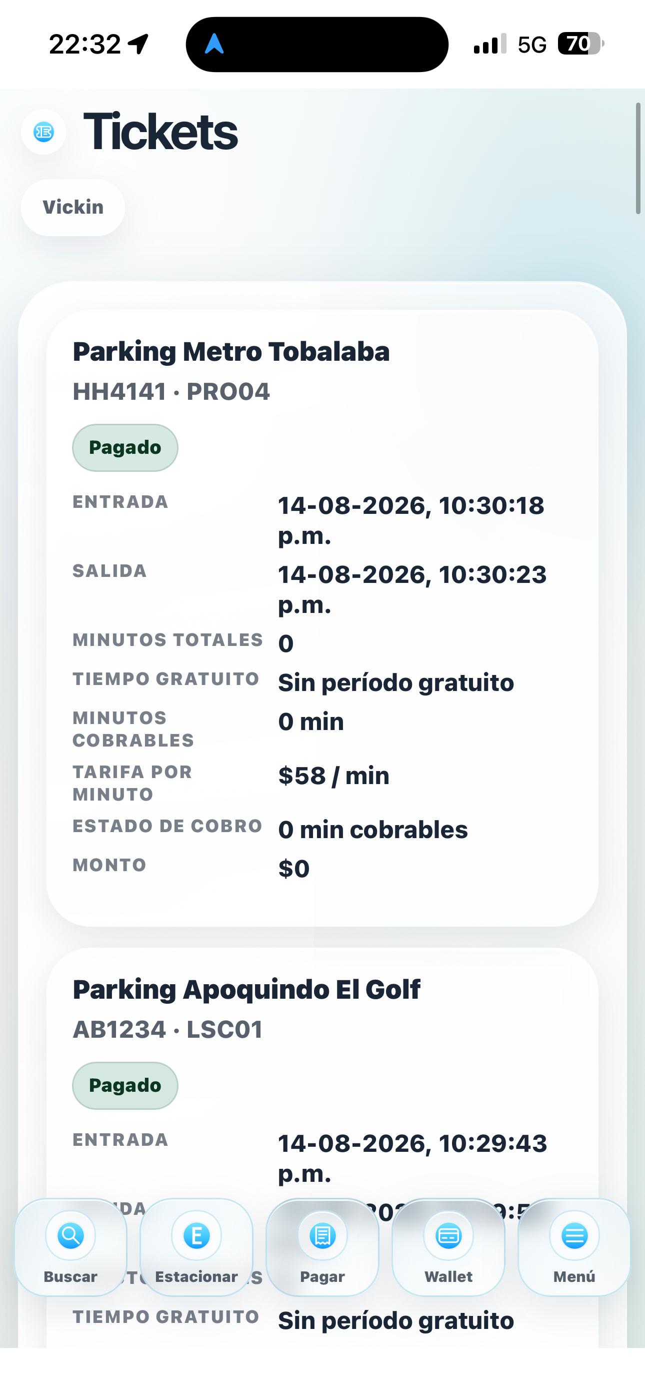 Historial de tickets de estacionamiento en Llegué App